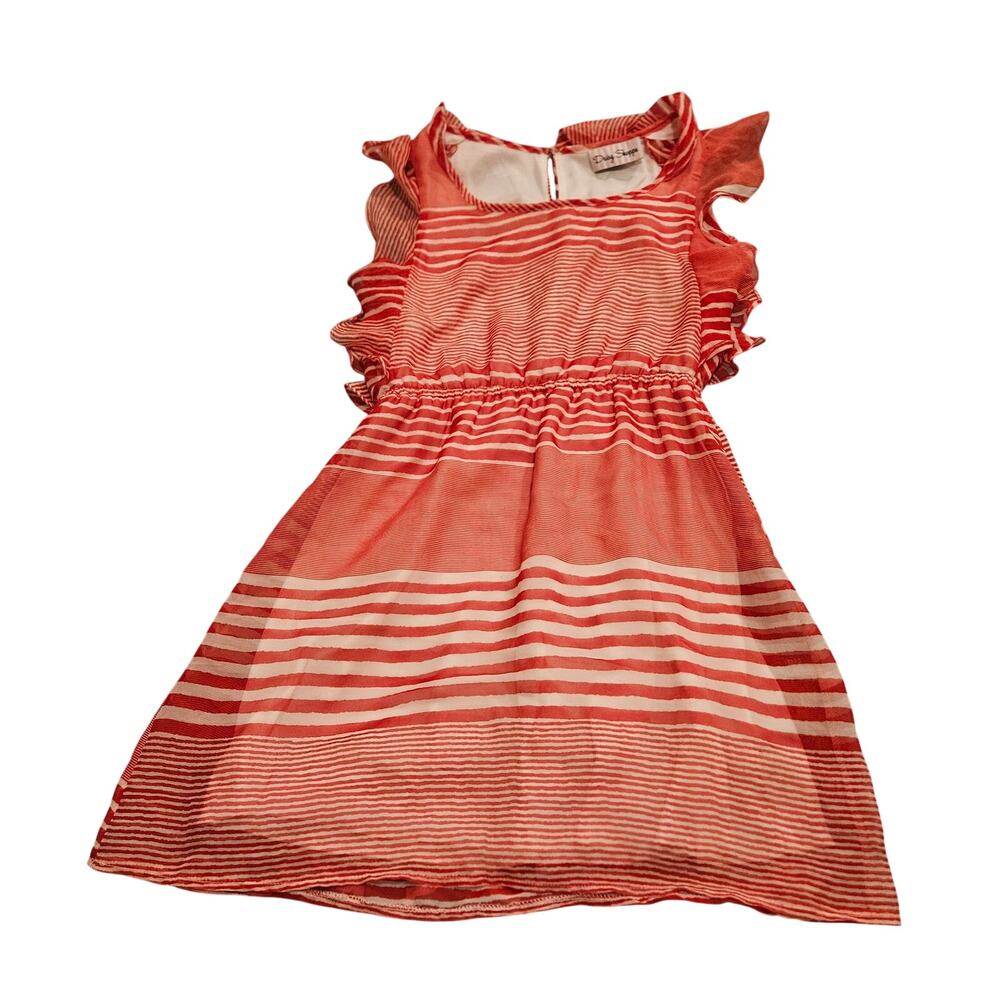 Daisy Shoppe Coral Stripe Silk Blend Dress Small Ruffle Sleeve Elastic Waist